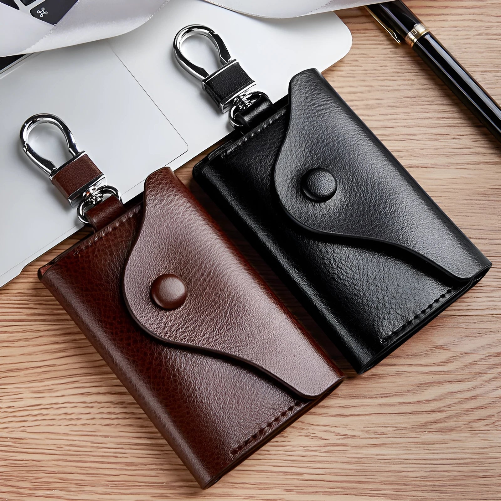 Men's genuine leather keycard holder with key fob in square Korean-style design