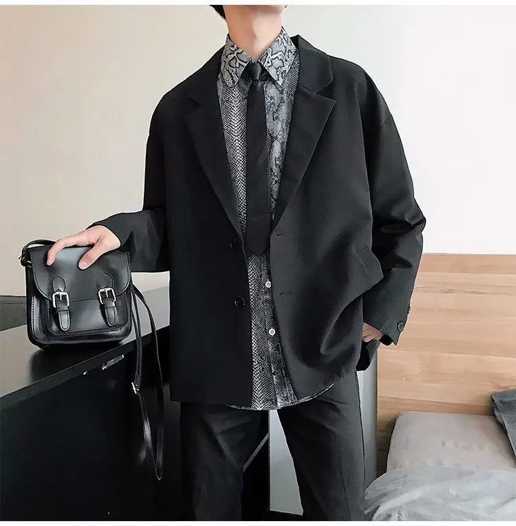Casual men's loose thin suit jacket in black cotton blend, long sleeves, Korean style for spring autumn