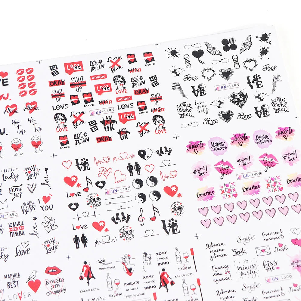 Love lip print letter nail sticker sheet measuring 16x25.5cm with black and red kiss designs