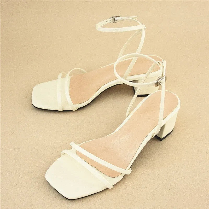 Beige women's stiletto sandals with square toe and ankle buckle on chunky heel