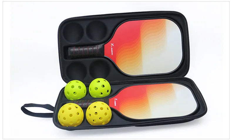 Black waterproof EVA pickleball bag with two shoulder straps, shown holding one paddle and four balls.