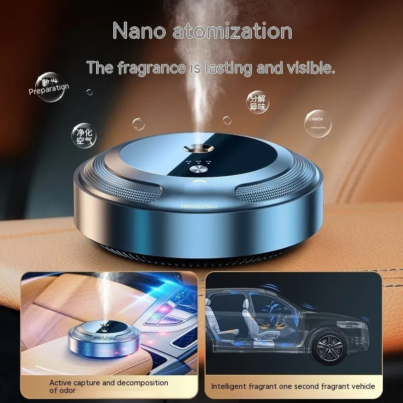 Car fragrance diffuser with zinc alloy shell and automatic spray function for vehicle interiors