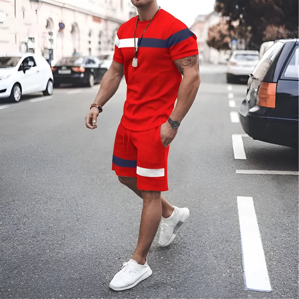 Men's casual printed t-shirt and shorts set in polyester, available in multiple colour options and sizes S to 6XL