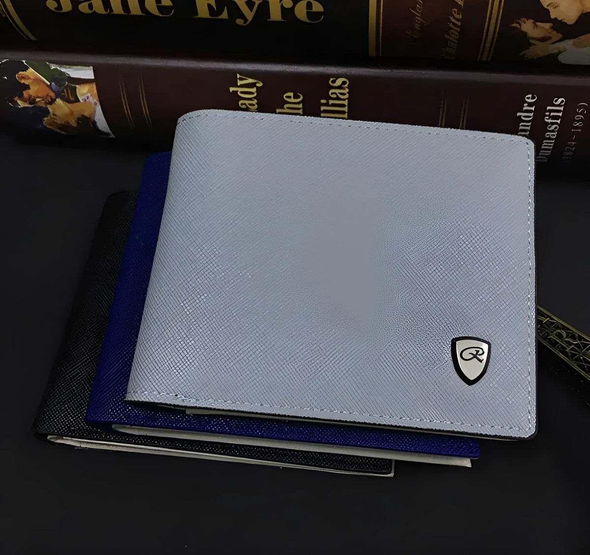Men's short striped wallet in leather and PU, 11.5cm x 9cm x 0.7cm, no zipper, Black Blue Grey