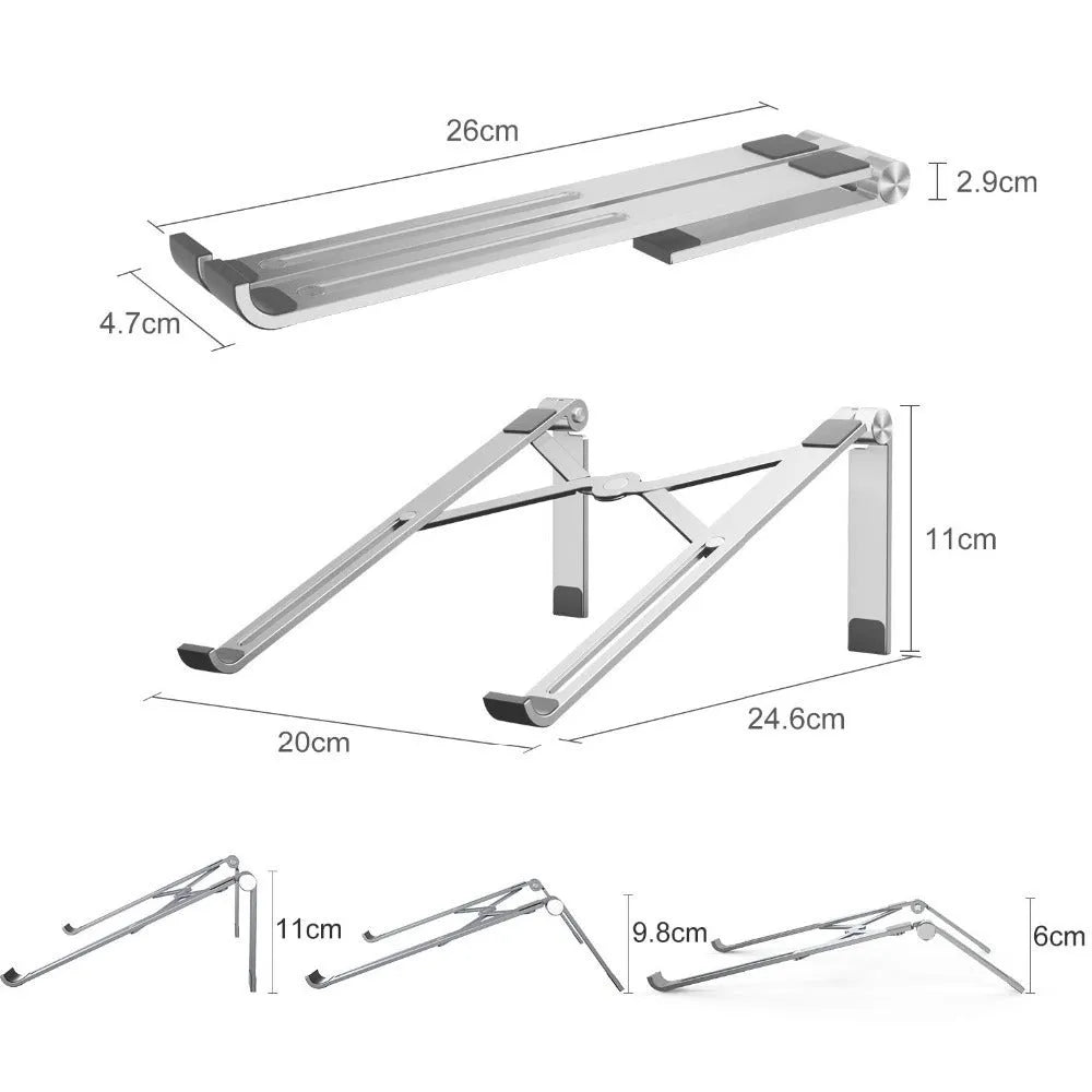 Black aluminium notebook stand supporting a silver laptop on a desk.