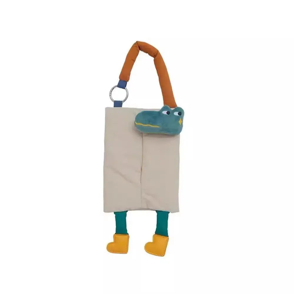 Hanging plush car tissue buggy bag in baby crocodile design showing 25x19cm dimensions