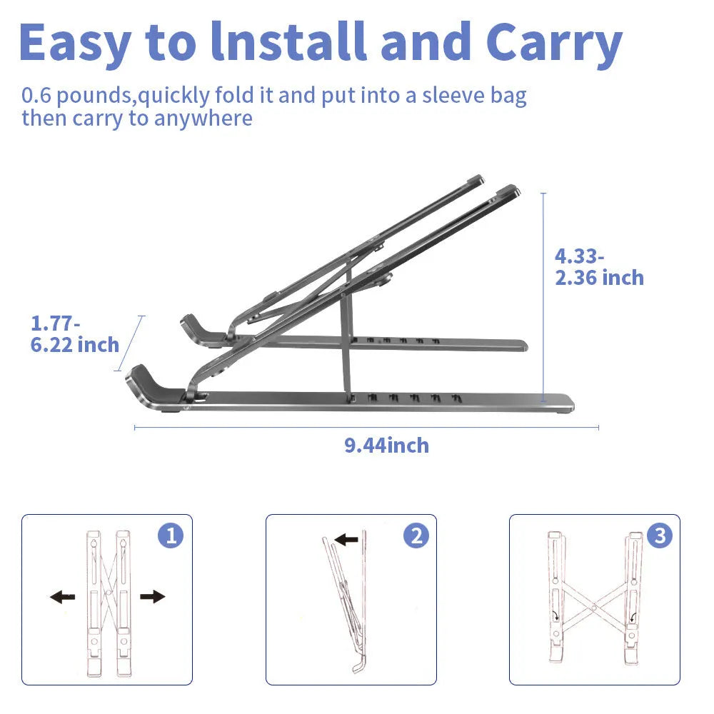 Silver aluminium laptop stand folded flat showing magnetic catch and adjustment gears