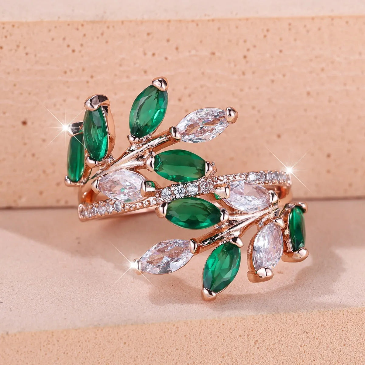 Copper leaf-shaped adjustable ring with Platinum sapphire blue finish
