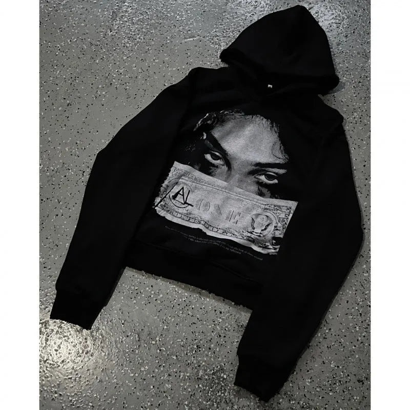 Black women's hoodie with dark cartoon print in loose polyester fabric