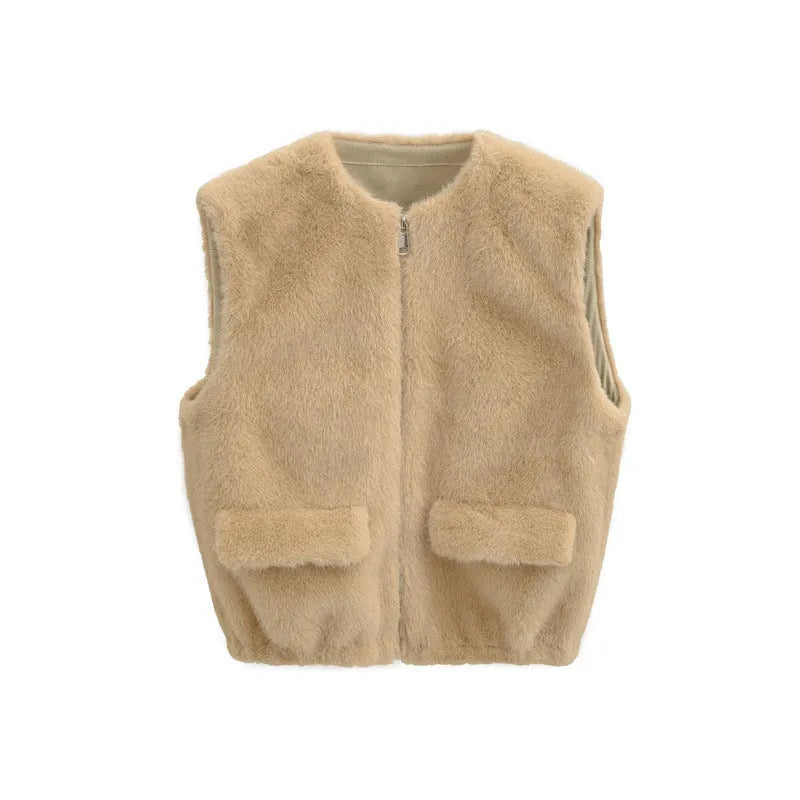 Women's faux fur zipper waistcoat in khaki colour, front view, polyester fabric, casual Korean style