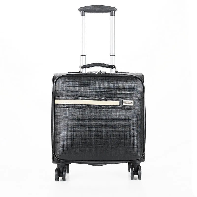 Black wheeled business case with retractable handle and aeroplane-style wheels