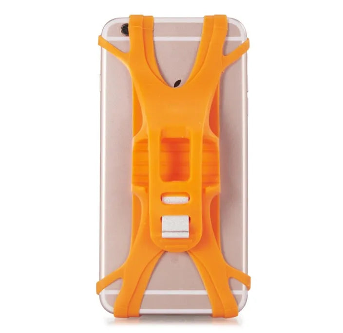 Silicone bicycle phone holder mounted on handlebar with three adjustment holes visible