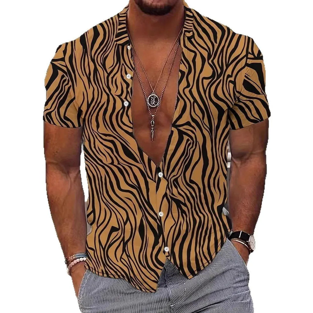 Men's geometric patterned short sleeve shirt with lapel collar in slim fit