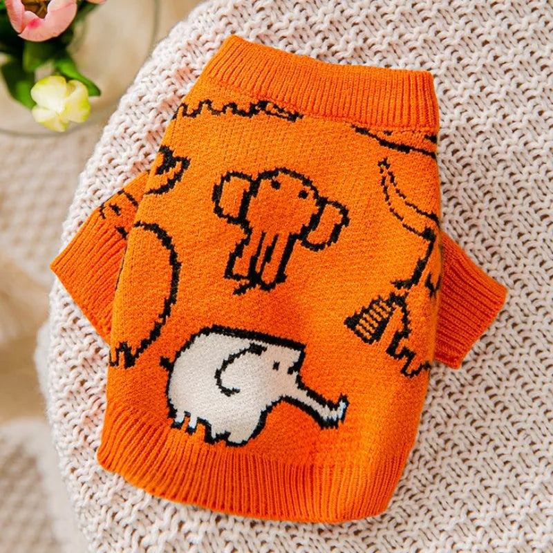 Small dog wearing a blue knitted winter sweater with a charming pattern, soft polyacrylic material