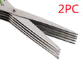 Stainless steel multi-layer kitchen scissors for cutting green onions and herbs on a chopping board.