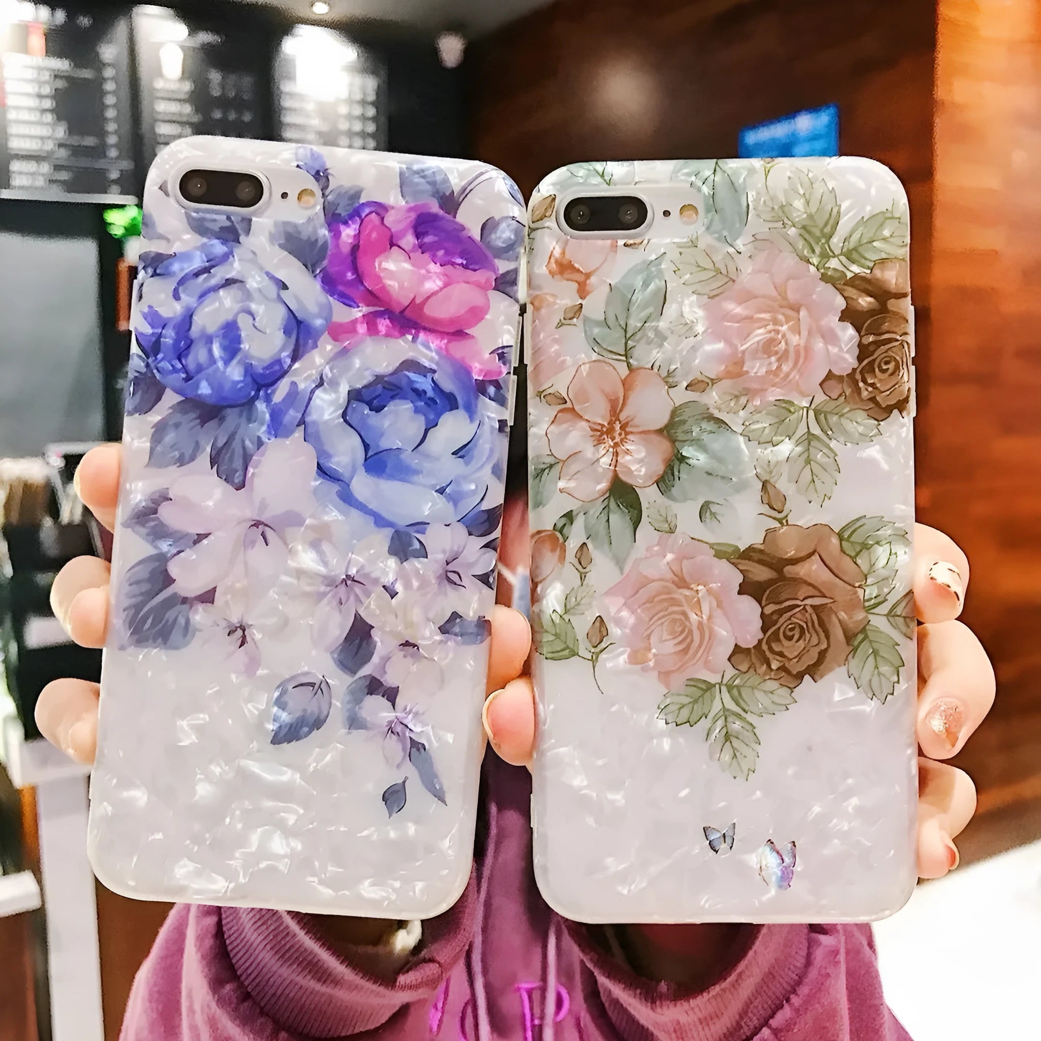 Dream Shell soft TPU iPhone case with rose flower pattern in brown, purple, or white.