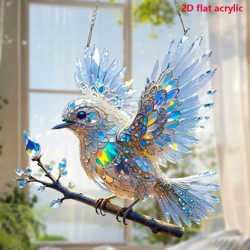 Cartoon-style bird holiday ornament pendant made from UV-printed acrylic on cardboard backing.