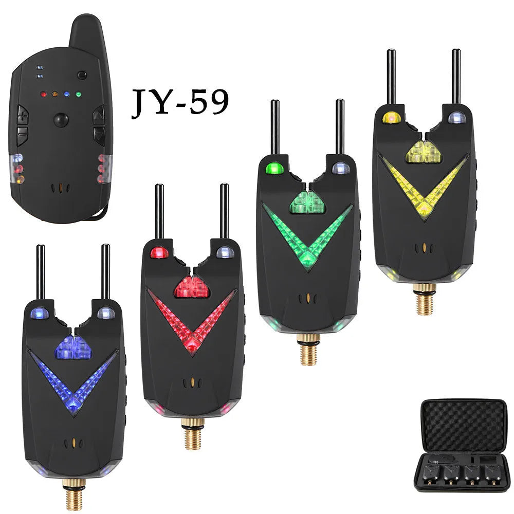 Wireless fishing electronic alarm system with transmitter and receiver units for multiple rod monitoring
