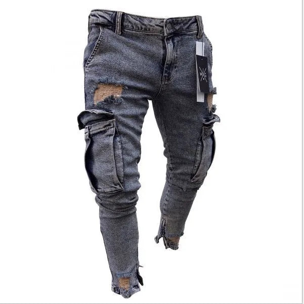 Cargo hole denim jeans for men, tye-dye whitewashed finish, pencil leg, 90% cotton, light blue