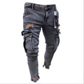 Cargo hole denim jeans for men, tye-dye whitewashed finish, pencil leg, 90% cotton, light blue