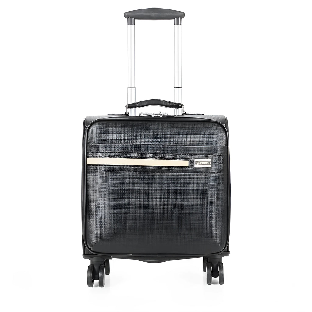 Black wheeled business case with retractable handle and aeroplane-style wheels