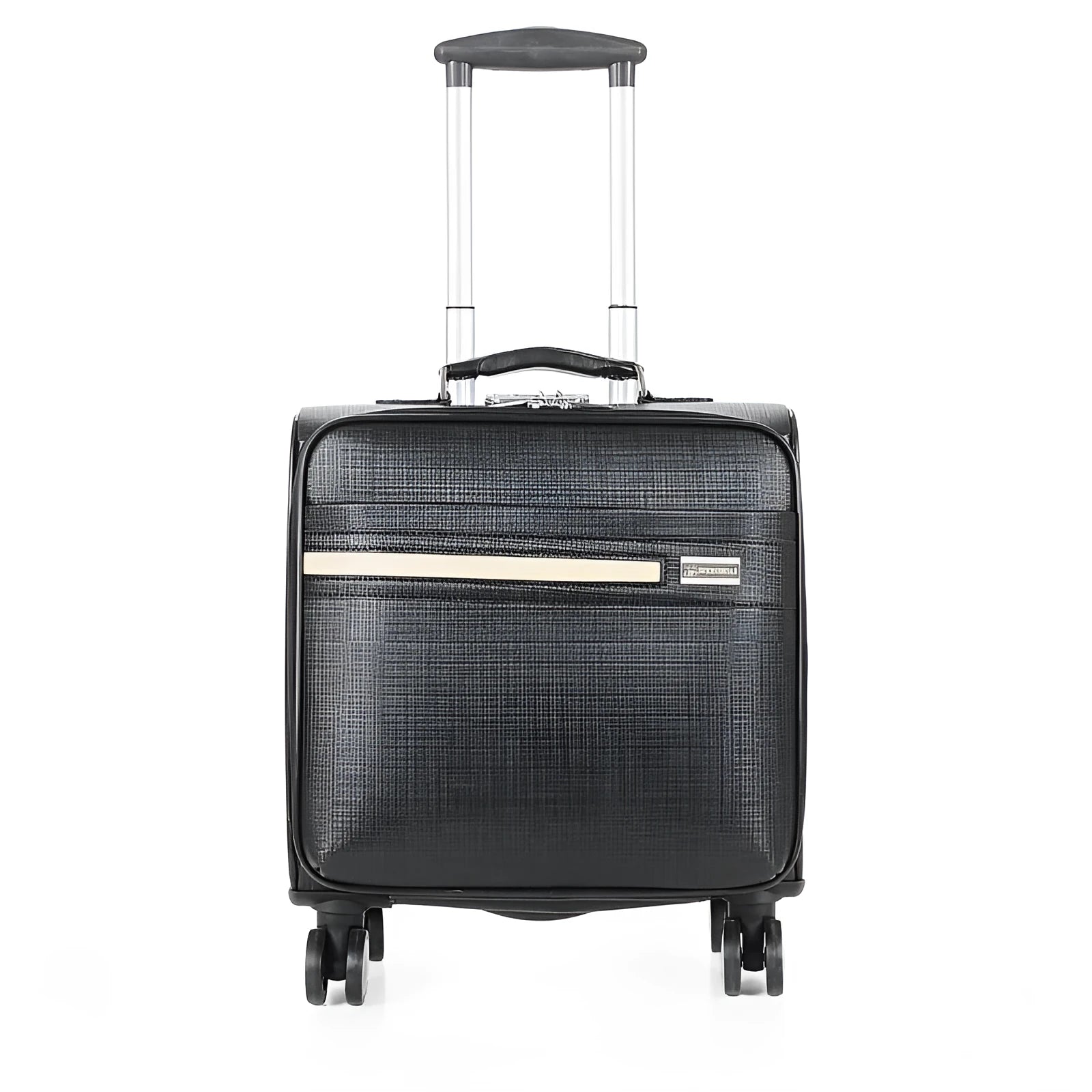 Black wheeled business case with retractable handle and aeroplane-style wheels