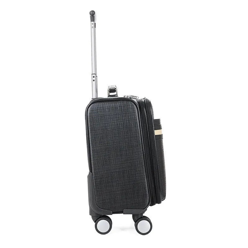 Black wheeled business case with retractable handle and aeroplane-style wheels