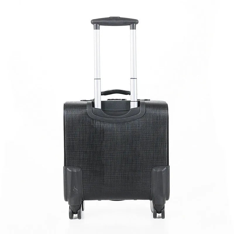 Black wheeled business case with retractable handle and aeroplane-style wheels