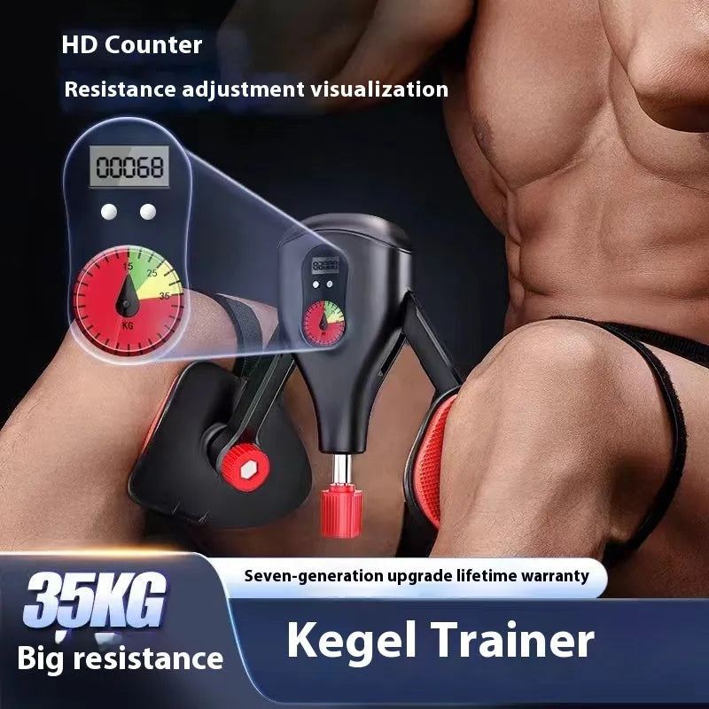 Men's black Kegel trainer for PC muscle exercise, shown with optional straps.