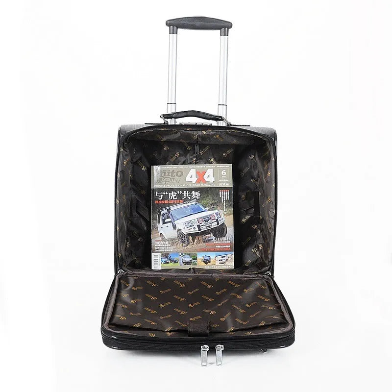 Black wheeled business case with retractable handle and aeroplane-style wheels