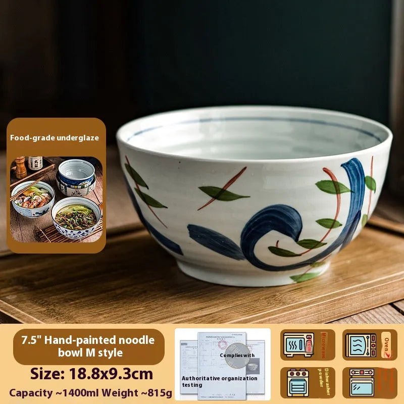 Ceramic hand-painted underglaze colour noodle bowl round 6 inch Japanese style retro soup bowl