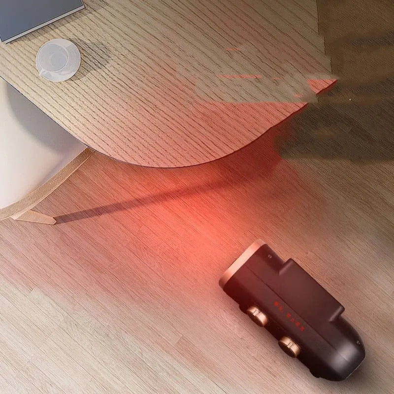 White electric fan heater with mechanical dial controls and grill.