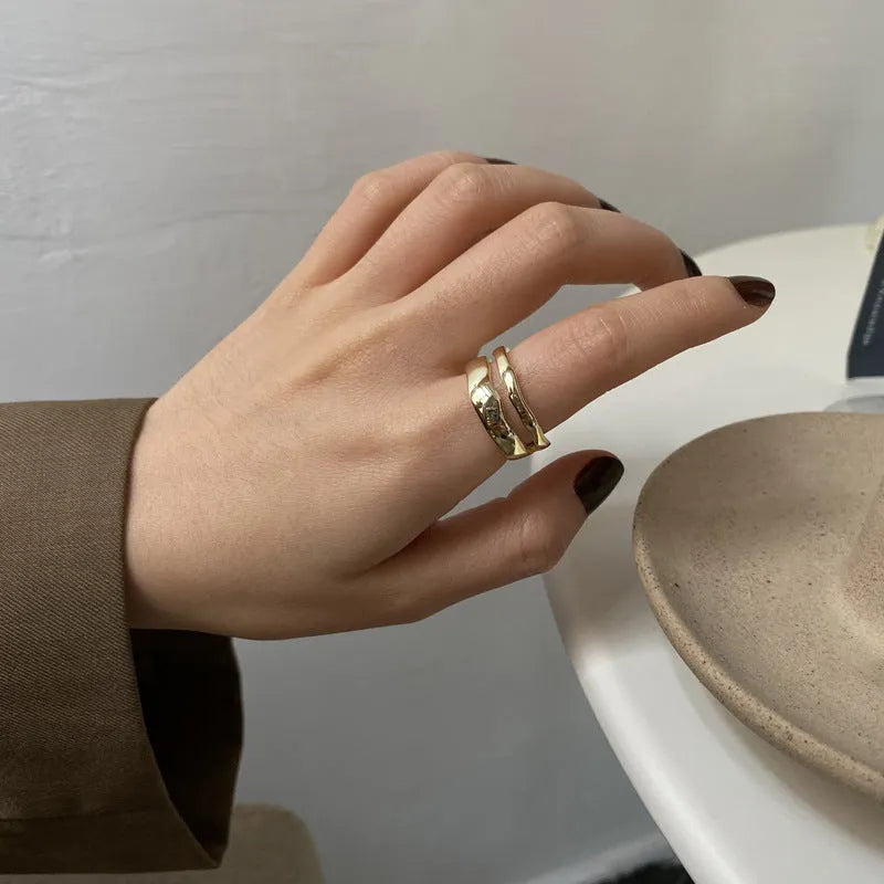 Silver plated dual layer open end ring for women, adjustable fit, shown in J484 silver or gold
