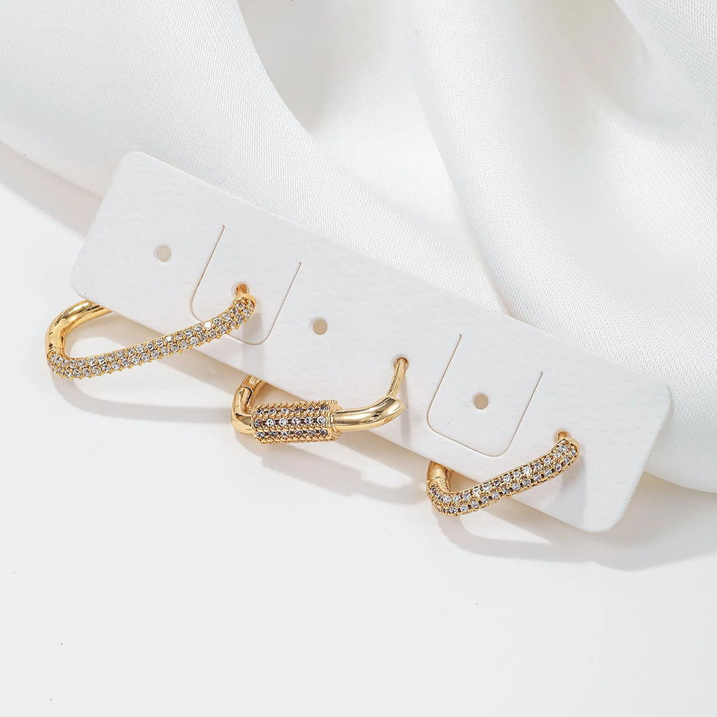Geometric ear clip three-piece set with micro inlaid zircon detailing in gold or white k colour