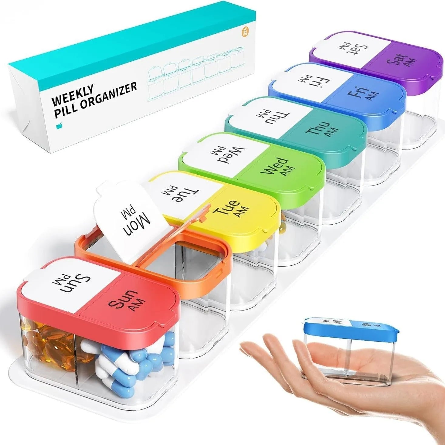 Extra large white and rainbow coloured plastic pill organiser box with 14 removable compartments and a dustproof lid.