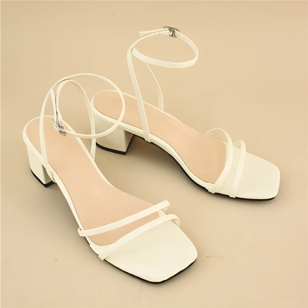 Beige women's stiletto sandals with square toe and ankle buckle on chunky heel