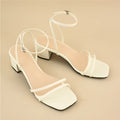Beige women's stiletto sandals with square toe and ankle buckle on chunky heel