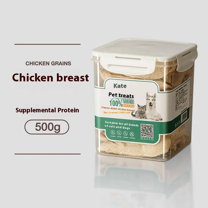 500g freeze-dried chicken cat treats in resealable bag or storage tin options