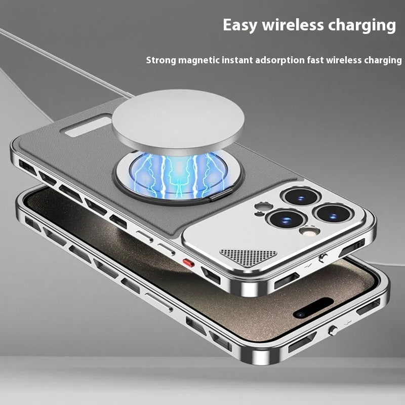 Aluminium alloy leather phone case with rotating bracket and magnetic suction in black, silver gray or brown