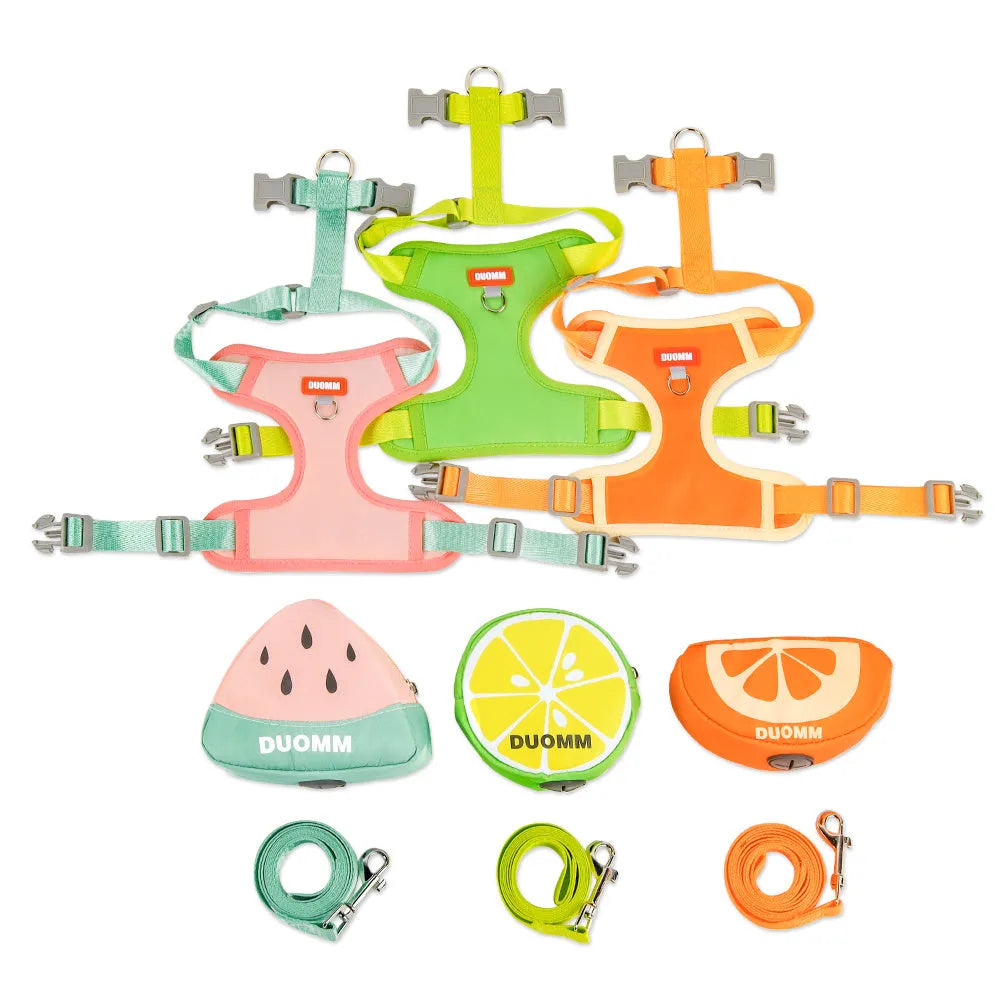 Green orange pink pet chest strap with anti-slip design and matching backpack for dogs cats