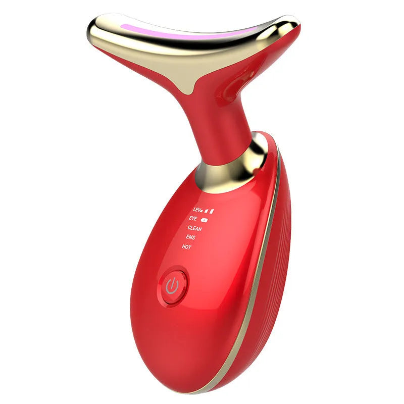 Black and silver EMS thermal neck lifting massager with LED lights for skin tightening and wrinkle reduction.