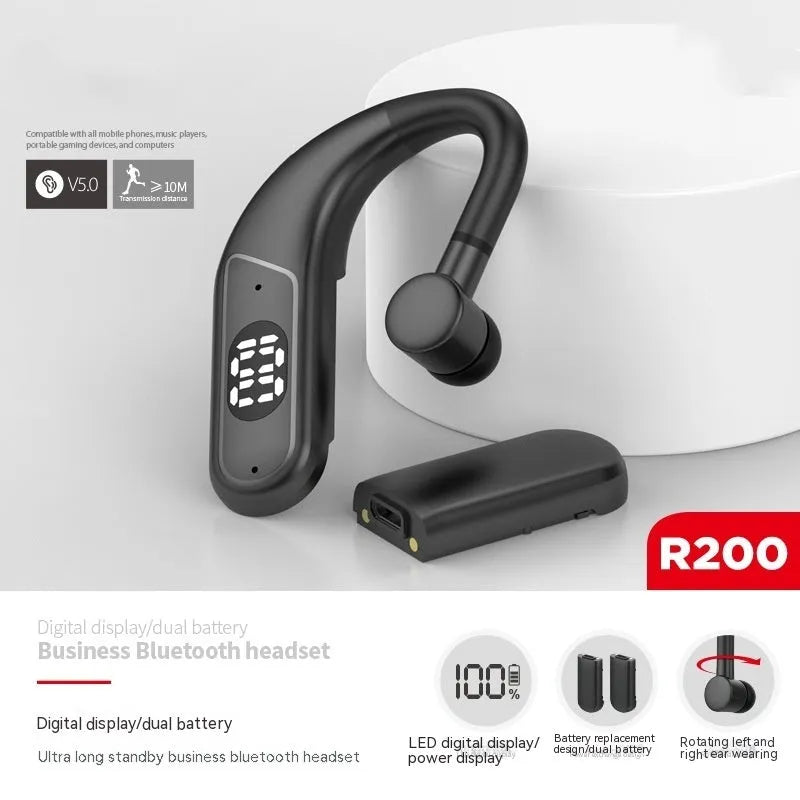 Black Vernon R200 digital display ear hook Bluetooth headset with in-ear fit and dual battery design