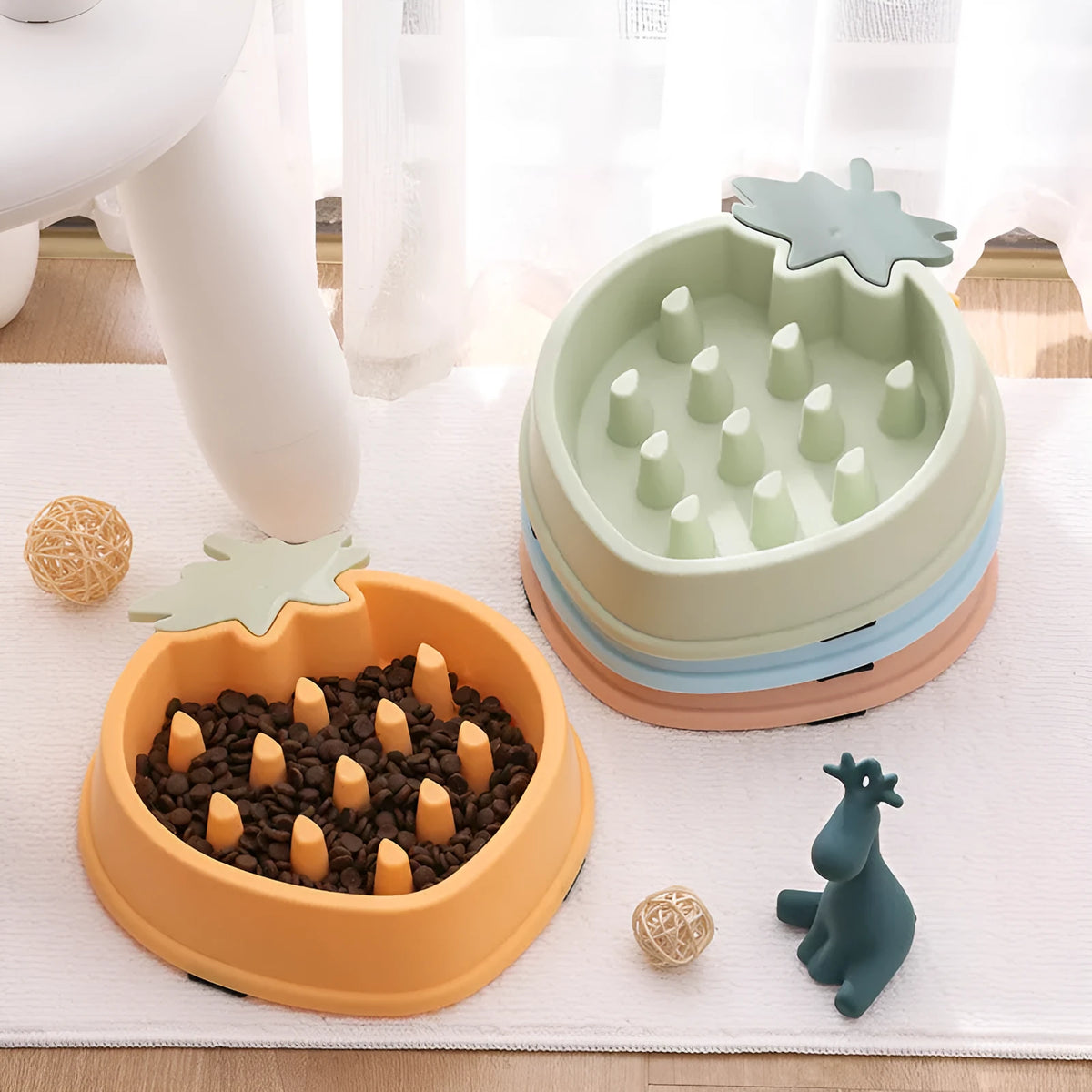Pineapple slow food plastic pet dog bowl in yellow colour option with raised pattern