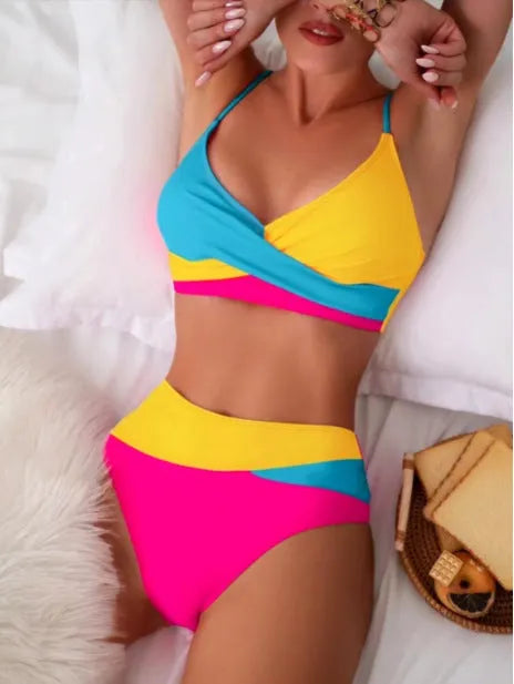 Colour contrast two-piece bikini set with top and briefs, available in yellow, blue, and red, sizes S to XL, polyester lining.