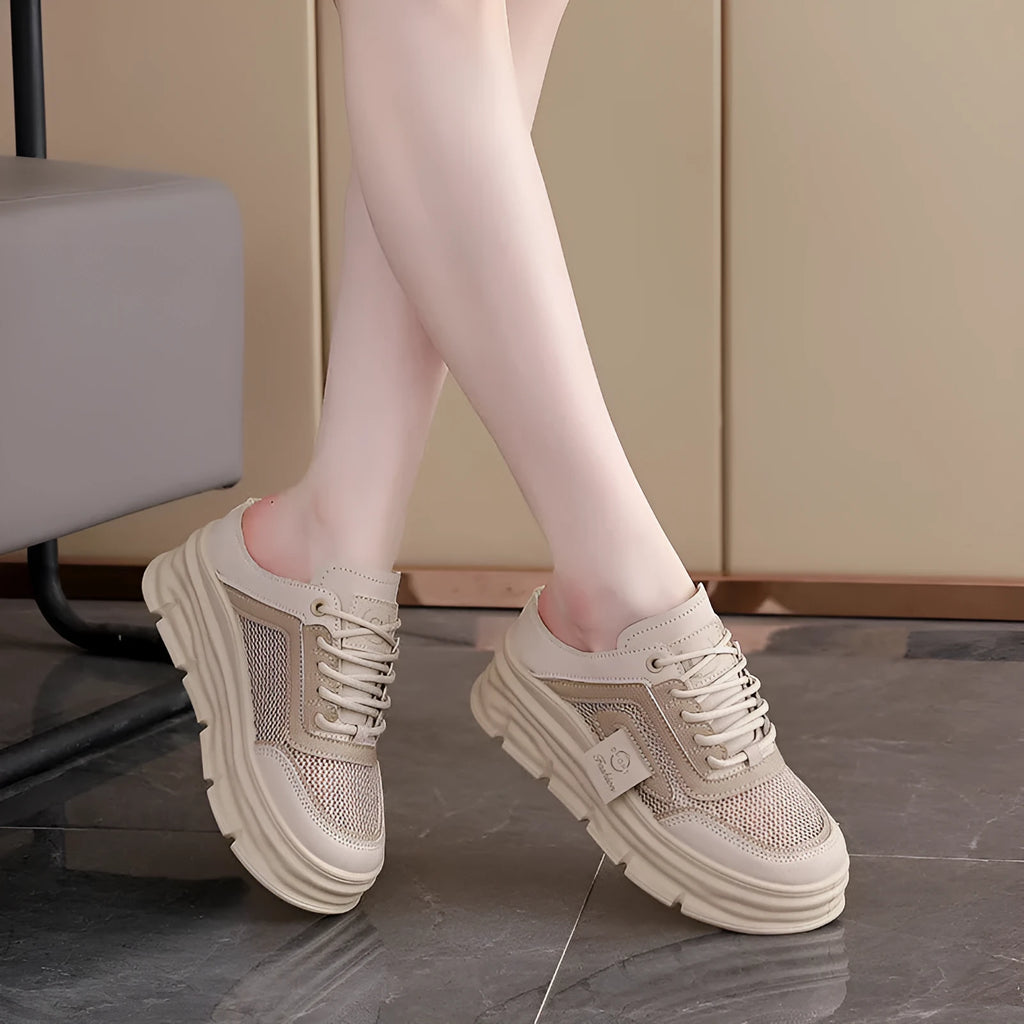 Women's mesh half slippers with breathable upper, round toe design, and height increasing insole in black, khaki, or white