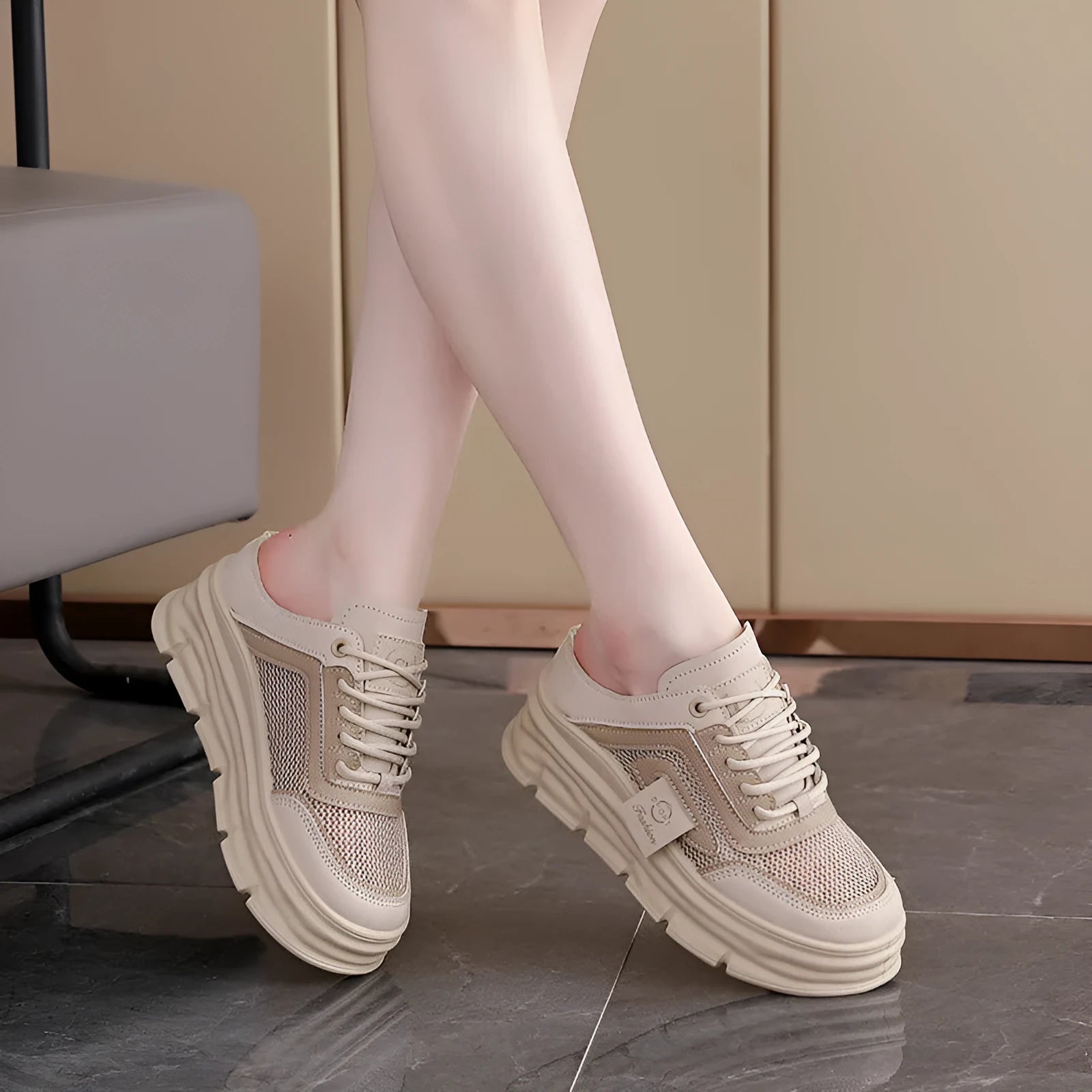 Women's mesh half slippers with breathable upper, round toe design, and height increasing insole in black, khaki, or white