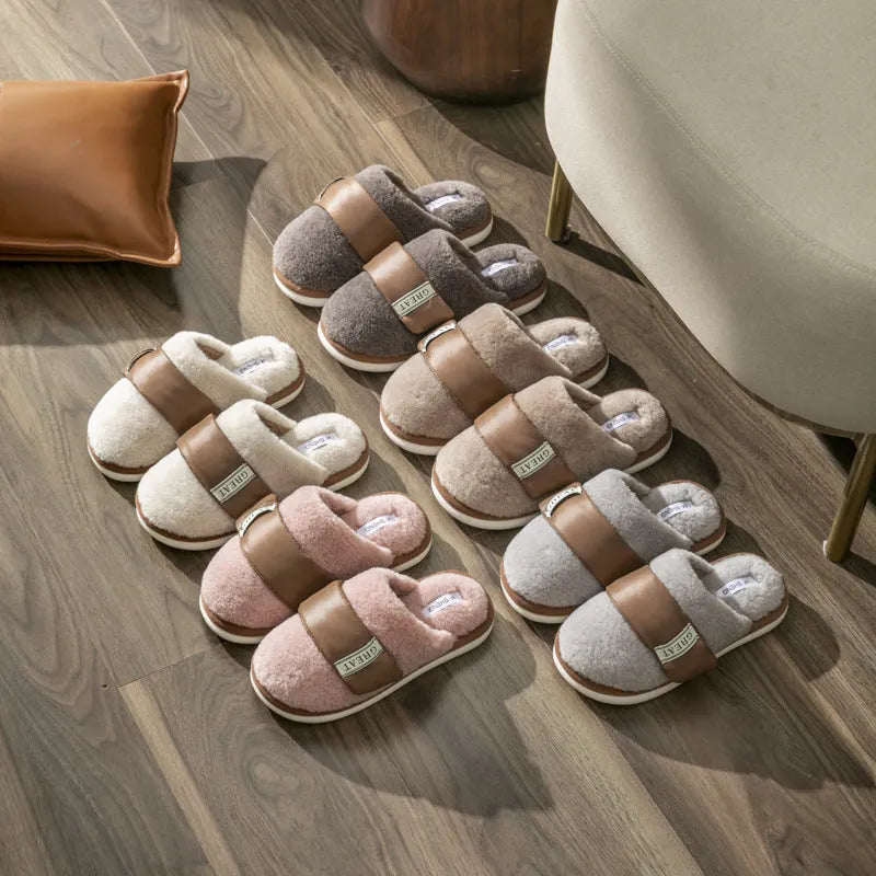 Beige women's plush velcro floor slippers with a non-slip plastic sole and round toe.