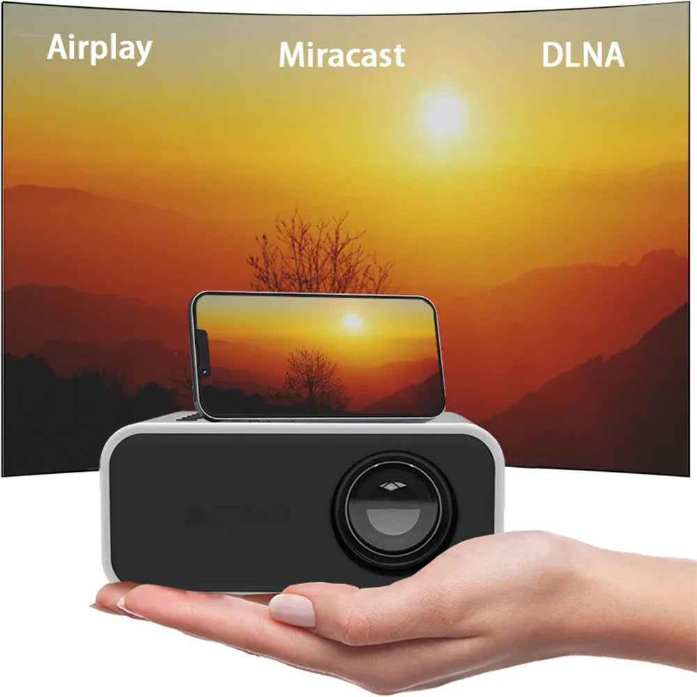 YT300 black or white portable mini LED projector showing compact size and lens for home cinema projection.