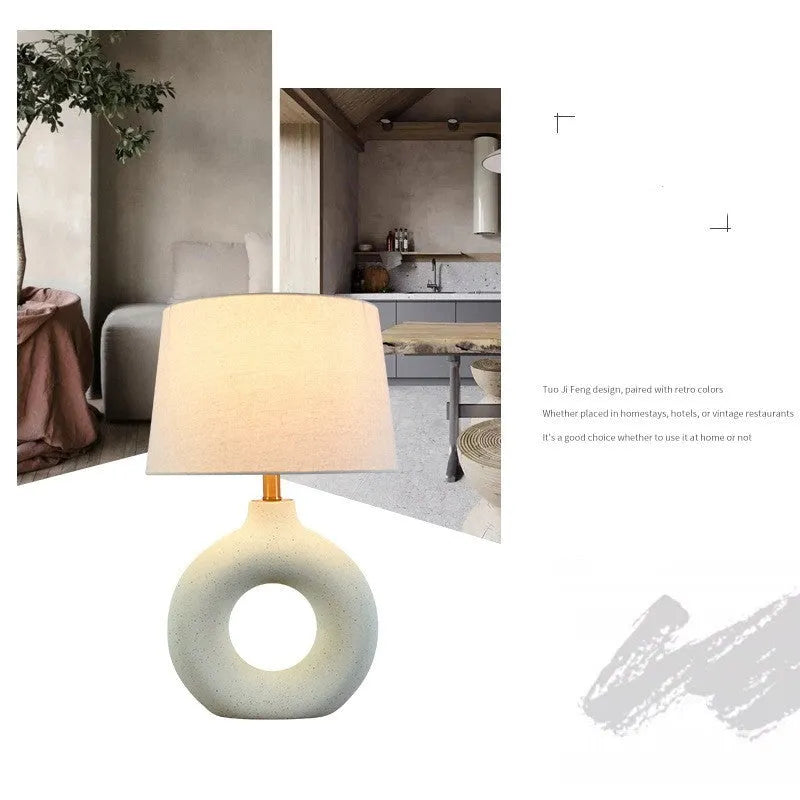 Small white Japanese-style ceramic pottery pot table lamp with a button switch, 52cm tall.