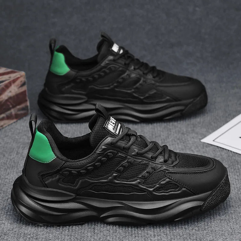 Men's white and black breathable mesh casual shoes with round toe and PU mesh upper
